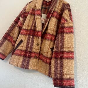 Knox Rose Plaid Pea Coat in Beige, Red & Purple Tones